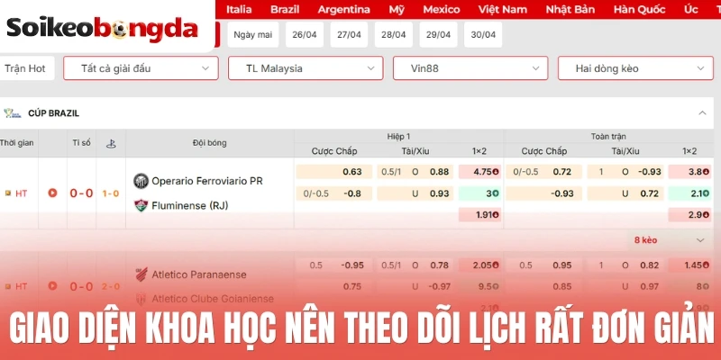 Lịch thi đấu bóng đá hôm nay 26 Giao diện khoa học nên theo dõi lịch rất đơn giản